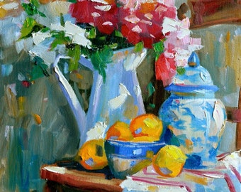 FRENCH STILL LIFE Canvas Art Print of Original Oil Painting, pitcher, peonies, lemons and Delftware