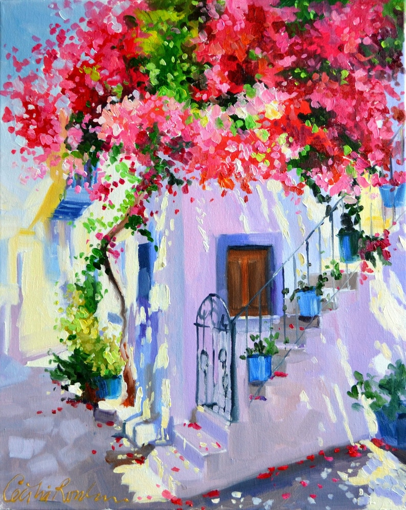 Ready to hang Canvas Art Print of SANTORINI SHADOWS Beautiful Pink and Blue Impressionistic Oil Painting in by Cecilia Rosslee image 1
