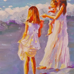 Mother and Kids on Beach Painting FIRST SWIM Print of Impressionistic Painting in Purple and Pink by Cecilia Rosslee image 1