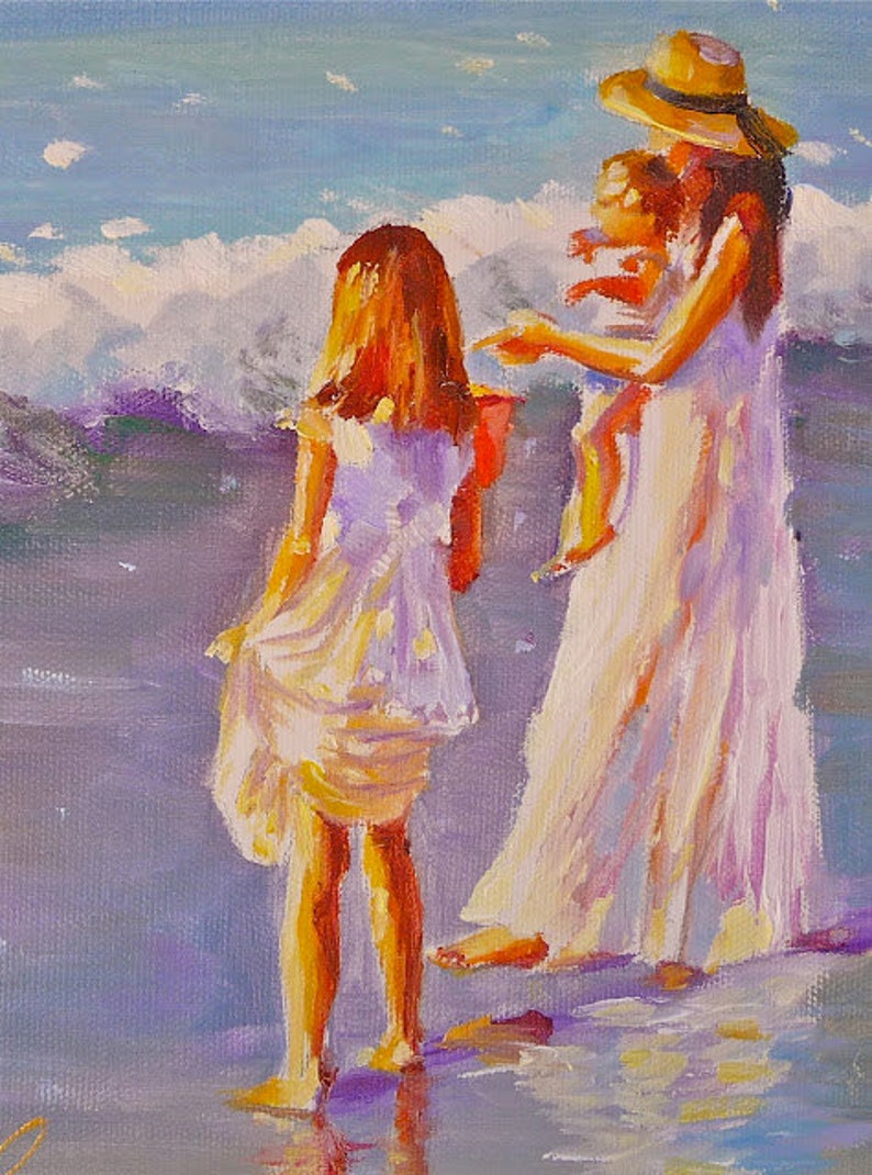 Mother and Kids on Beach Painting FIRST SWIM Print of Impressionistic Painting in Purple and Pink by Cecilia Rosslee image 1