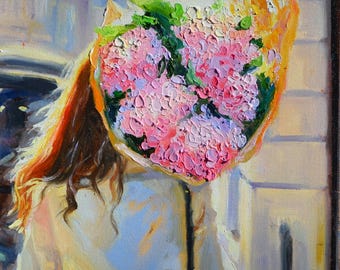 Wall Art of Woman with Flowers  | URBAN STROLL | Impressionist Feminine Artwork  by Cecilia Rosslee | Valentine Gift for Woman
