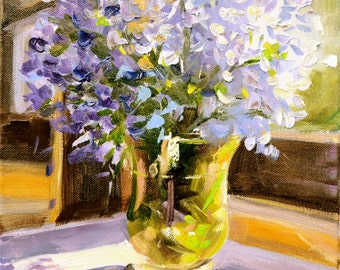 Blue Pelargoniums Art Print: Floral Still Life in Amber Vase