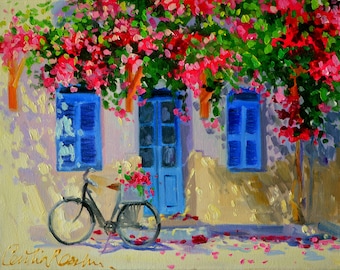 Wall Art Print of BOUGAINVILLEA AWNING  | Beautiful Pink and Blue Impressionistic Oil Painting in by Cecilia Rosslee