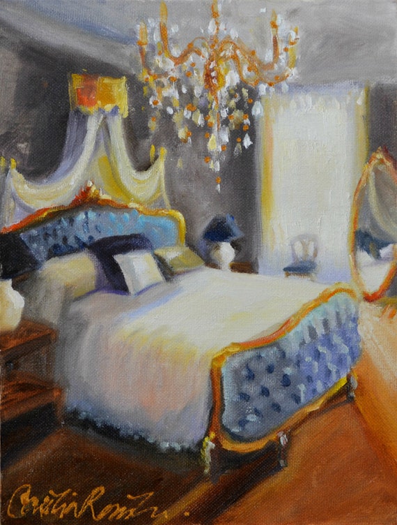 Blue Bedroom Art Print Of Original Oil Painting Of An Interior Blue And Gold Room Painted By Cecilia Rosslee