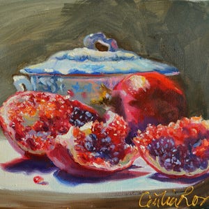 Painting of Fruit art print GRANAATSTUDIE Still Life of pomegranates and Delft Porcelain painting by Cecilia Rosslee image 1