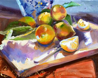 Stampa d'arte SUURLEMOENE di still life pittura a olio originale, Rose e limoni