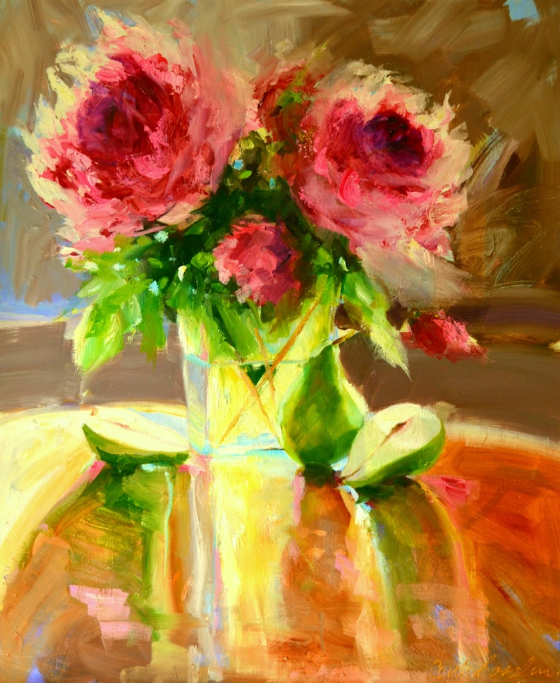 May include: A still life painting of pink roses in a glass vase with a green pear on a table. The background is a warm brown color.