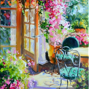 Ready to Hang Canvas Printof OUTDOOR Scene PATIO GARDEN | Impressionistic Painting by Cecilia Rosslee | Gift for Her