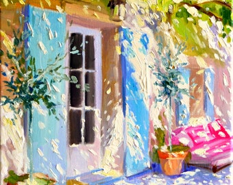 Art Print on Canvas - Island Decor of FRENCH DOOR  | Bright Pink and Blue painting of Greece by Cecilia Rosslee