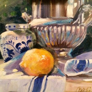 FRENCH LEMONS, Art Print of original oil  painting by CeciliaRosslee,roses, ceramic planter, delft vase,blue tray,yellow lemons,blue tray