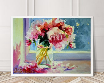 Mother's Day Gift | Instant Printable Print of Pink flowers PEONY PETALS by | Still Life in Pink and Blue by Cecilia Rosslee | Gift for her!