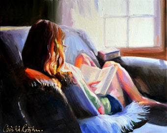 Ready to Hang Canvas Print of GIRL READING at windowsill  | Art print of an Original Impressionistic Painting  by Cecilia Rosslee