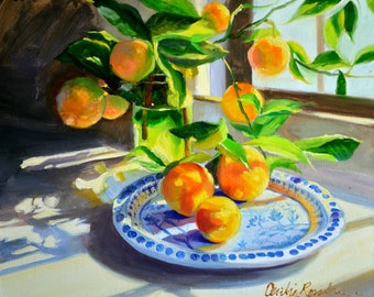 Still Life Art Print of WYNSIG LEMONS | A Beautiful Yellow and Blue Painting for any Kitchen |  Gift for Her