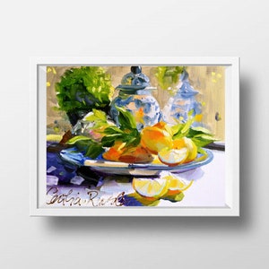 LIMONI e DELFT Stampa artistica di pittura a olio originale Blu e giallo ancora vita di Cecilia Rosslee immagine 2