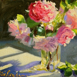 Find painting of Roses SUNLIT ROSES ART Print | Pink and Purple Still Life Painting by Cecilia Rosslee | Perfect gift for mom!