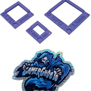 May include: Three purple square frames labeled CPU (2mm), GPU (1.5mm), and SRAM (1mm). Below is a sticker with a blue and white Gamer Ghost design. The sticker has a holographic border.