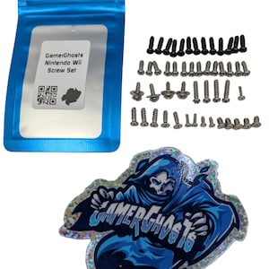 May include: A collection of screws for a Nintendo Wii console, along with a blue pouch labeled "GamerGhosts Nintendo Wii Screw Set" and a holographic sticker featuring a blue grim reaper design with the text "GAMERGHOSTS".