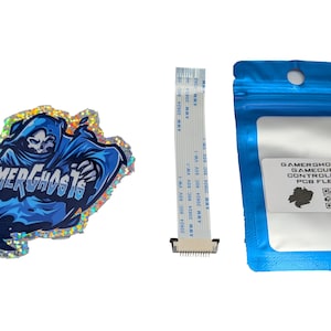 May include: A holographic sticker featuring a blue Grim Reaper design and the text "GAMERGHOSTS". A white ribbon cable and a blue plastic bag with a label that reads "GAMERGHOSTS GAMECUBE CONTROLLER PCB FLEX" are also shown.