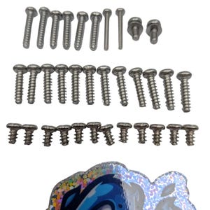 May include: An assortment of silver screws of various sizes, arranged in rows against a white background. The screws have slotted heads and threaded shafts. A decorative sticker with a blue and white skull design is at the bottom.