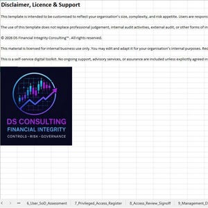 Peut inclure: Document numérique intitulé « Disclaimer, Licence & Support ». Il comprend un logo pour « DS Consulting Financial Integrity » avec un graphique circulaire et du texte. L'arrière-plan est un motif quadrillé.