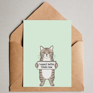Puede incluir: Una tarjeta de felicitación con un gato de dibujos animados sosteniendo un cartel que dice "I expect better treats now". El gato es gris y blanco con una expresión de mal humor. La tarjeta es de color verde claro y está dentro de un sobre marrón.