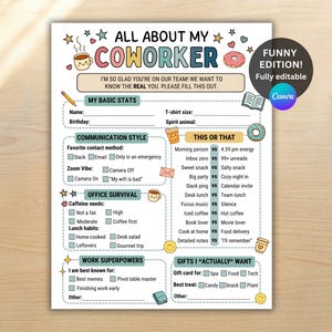 Op de afbeelding: Een afdrukbare, in te vullen vragenlijst getiteld "All About My Coworker". Het ontwerp bevat cartoonafbeeldingen van koffiekopjes, donuts en sterren. Het formulier bevat secties voor basisstatistieken, communicatiestijl, overleven op kantoor en superkrachten op het werk.
