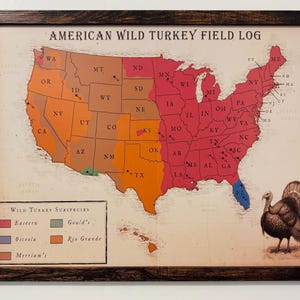 Wild Turkey Hunter Map – turkey hunting tracker gift for him, US Subspecies illustration, hunt every state in the United States, Field Log