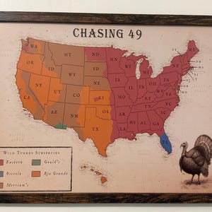 May include: Framed map print of the United States, color-coded by wild turkey subspecies. The map is labeled "CHASING 49" and includes a detailed illustration of a turkey. The frame is dark brown.