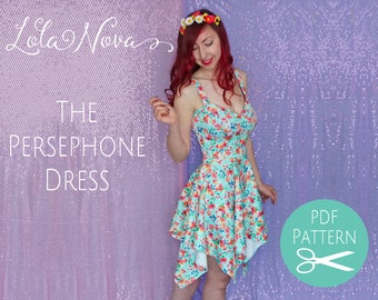 May include: A woman wearing a floral print dress with a sweetheart neckline and a high-low hemline. The dress is called "The Persephone Dress" and is available as a PDF pattern. The text "Lola Nova" is written in cursive at the top of the image.