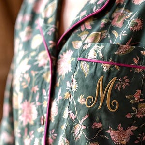 Floral Monogram Pajamas, Bridal Party PJ Set Cotton, Personalized Bridesmaid Gift, Green Wedding Sleepwear