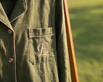 Olive Green Monogram Bridesmaid Pajamas, Cotton Bridal Party PJ Shirt, Personalized Bachelorette Gift