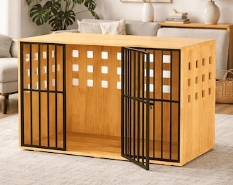 Handmade Solid Wood Dog Crate Furniture, Modern Safe Indoor Pet House and Sleek-Side Table