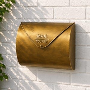 May include: A golden-toned mailbox with a curved design, mounted on a white brick wall. The mailbox has a flap closure and the words "MAIL COURIER" are embossed on the front. The mailbox is made of metal and has a vintage aesthetic.