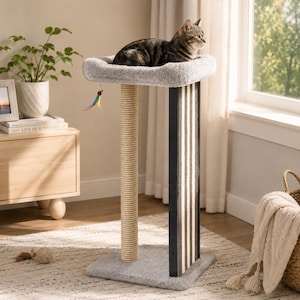 35 Inch Tall Cat Scratching Post with Plush Bed, Large Indoor Cat Scratcher, Stable Cat Tree for Adult Cats