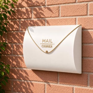 May include: A white mailbox with a gold-colored trim and the words "MAIL COURIER" in gold lettering. The mailbox is mounted on a red brick wall. The mailbox has a curved design.