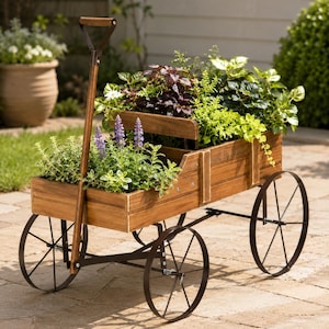 May include: A wooden garden wagon planter featuring a long handle, four thin black metal wheels, and a rectangular slatted wood container. The wagon is filled with various green and purple leafy plants and small purple flowering stalks.
