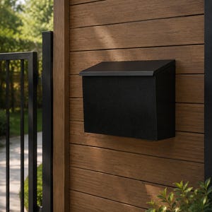 May include: A matte black metal mailbox with a rectangular body and a slanted top lid, mounted securely onto a horizontal brown wood-grain fence panel. The mailbox features a clean, simple design with no visible hardware or decorative elements.
