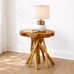 Handmade Live Edge Teak Wood Side Table with Natural Branch Base, Rustic Wooden Accent-Furniture