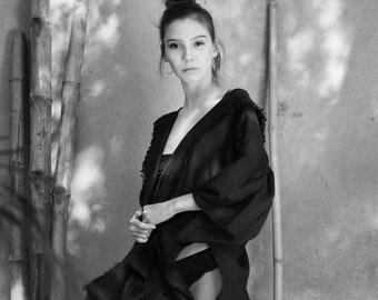 Raw Silk Kimono in Black with Belt