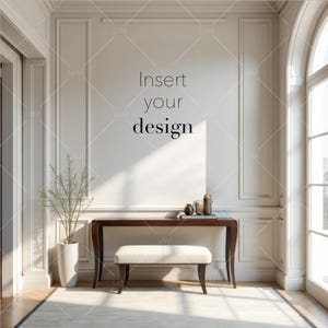 May include: An interior design scene featuring a dark wood console table with a white bench beneath it. The wall behind the table has the text "Insert your design". A tall white vase with greenery is on the left.