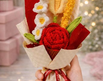 Handmade Knitted Flower Bouquet (13.8”) – Crochet Rose & Floral Arrangement with Bow Ribbon, Everlasting Gift