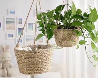 Straw Hanging Planter Basket | Boho Rattan Hanging Plant Pot | Woven Rope Flower Basket | Indoor Outdoor Orchid Planter
