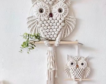 Suspension murale en macramé faite main en forme de hibou - Déco bohème