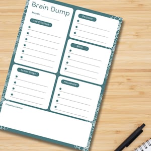Könnte beinhalten: Ein türkis-weißes Brain Dump Notizblock mit Abschnitten für Top-Prioritäten, Persönliches, Arbeit, Haushalt und Aktionsschritte. Der Notizblock liegt auf einer Holzoberfläche mit Tastatur, Maus, Stift und Notizblock im Hintergrund.