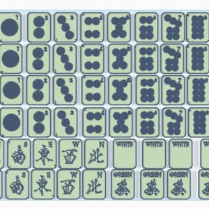 Puede incluir: Un juego completo de fichas de mahjong rectangulares con fondo verde claro y s&iacute;mbolos grabados en azul oscuro, que incluyen palos numerados, puntos, bamb&uacute;, direcciones de viento, dragones, flores, estaciones y comodines.