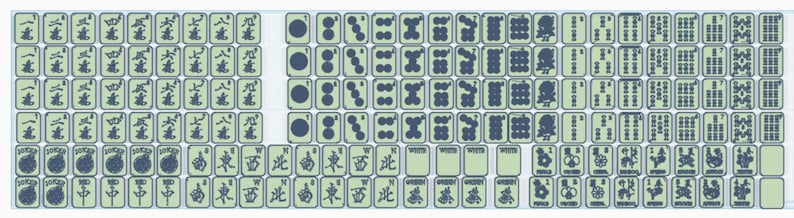 Puede incluir: Un juego completo de fichas de mahjong rectangulares con fondo verde claro y s&iacute;mbolos grabados en azul oscuro, que incluyen palos numerados, puntos, bamb&uacute;, direcciones de viento, dragones, flores, estaciones y comodines.