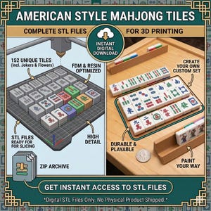 Puede incluir: Archivos digitales de impresi&oacute;n 3D para fichas de Mahjong de estilo americano. Incluye 152 archivos STL &uacute;nicos optimizados para impresoras FDM y de resina. El conjunto presenta fichas detalladas con caracteres y s&iacute;mbolos tradicionales.