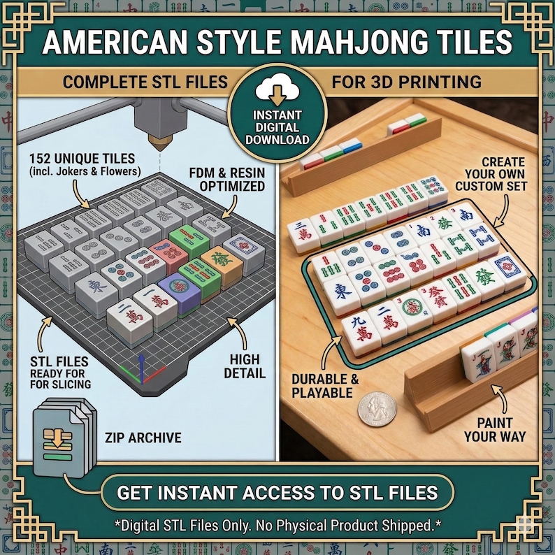 Puede incluir: Archivos digitales de impresi&oacute;n 3D para fichas de Mahjong de estilo americano. Incluye 152 archivos STL &uacute;nicos optimizados para impresoras FDM y de resina. El conjunto presenta fichas detalladas con caracteres y s&iacute;mbolos tradicionales.