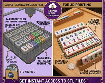 Archivos STL de fichas de Mahjong chino, tamaño estándar, juego de 144 fichas, descarga digital para impresión 3D, FDM y resina, Mahjong DIY.