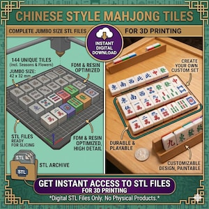 May include: Digital STL files for Chinese-style Mahjong tiles, ready for 3D printing. The set includes 144 unique tiles, optimized for FDM and resin printing. The jumbo size tiles measure 42 x 32 mm. The design is customizable and paintable.